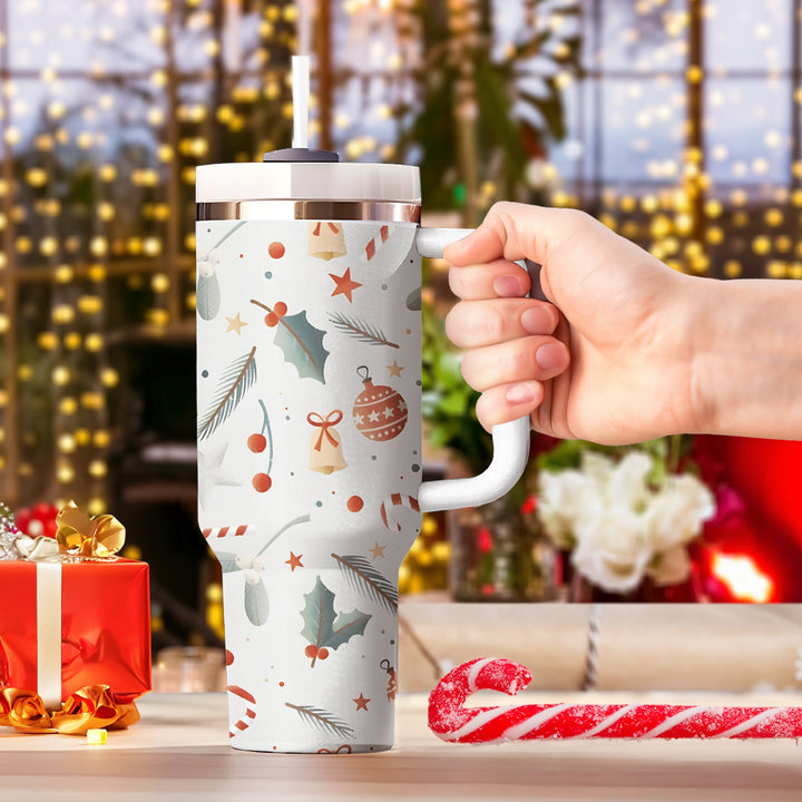 Vintage Flowers Tumbler 40oz With Handle, Christmas 40oz Tumbler, Santa 40oz Stainless Steel Tumbler With Lid and Straw, Holiday Tumbler