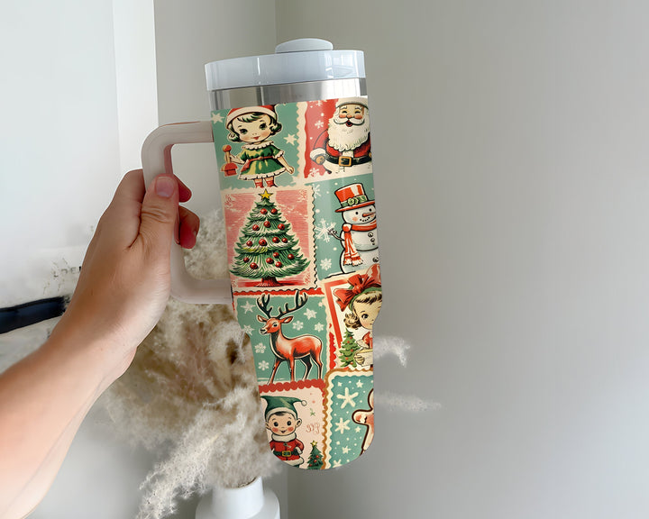 Personalized Christmas 40oz Tumbler Cup, Retro Christmas Tumbler, Cute Christmas Travel Coffee Mug, Vintage Stamp Christmas Travel Cup