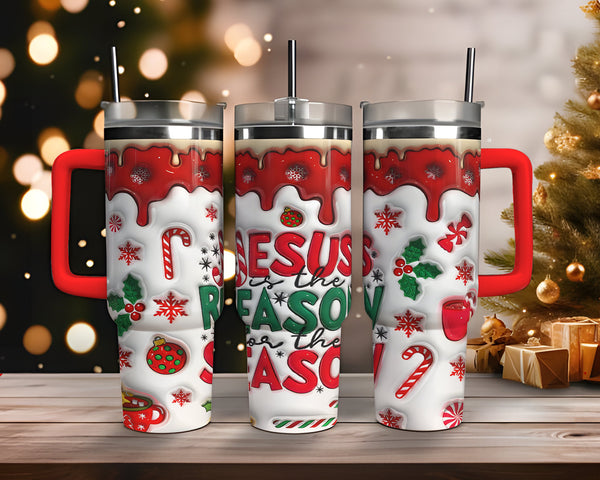 Christmas Cake 40oz Tumbler, Jesus is the Reason Tumbler Design, Leopard Puffy, Merry Christmas Inflated Tumbler.