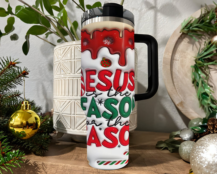 Christmas Cake 40oz Tumbler, Jesus is the Reason Tumbler Design, Leopard Puffy, Merry Christmas Inflated Tumbler.