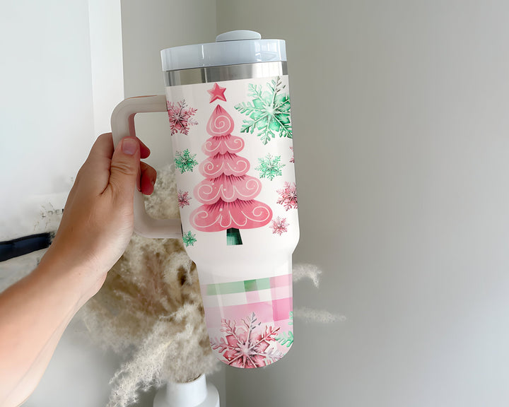 Christmas tree tumbler40oz tumbler,  Pink green snowflakes Winter Tumbler, Christmas Snowman tumbler, Merry Christmas Gift, Holiday Tumbler