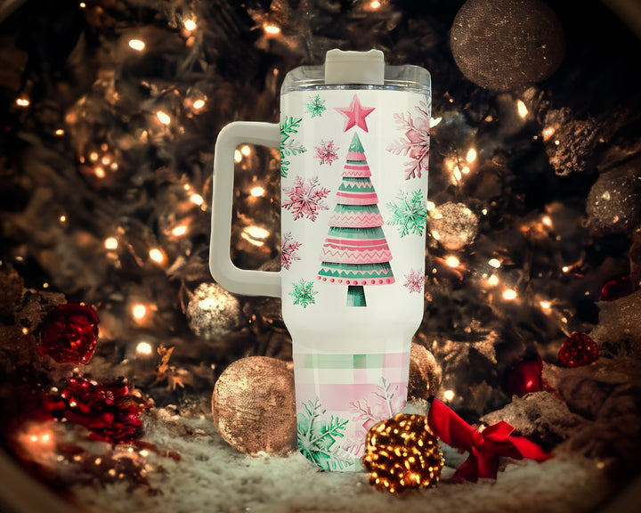 Christmas tree tumbler40oz tumbler,  Pink green snowflakes Winter Tumbler, Christmas Snowman tumbler, Merry Christmas Gift, Holiday Tumbler