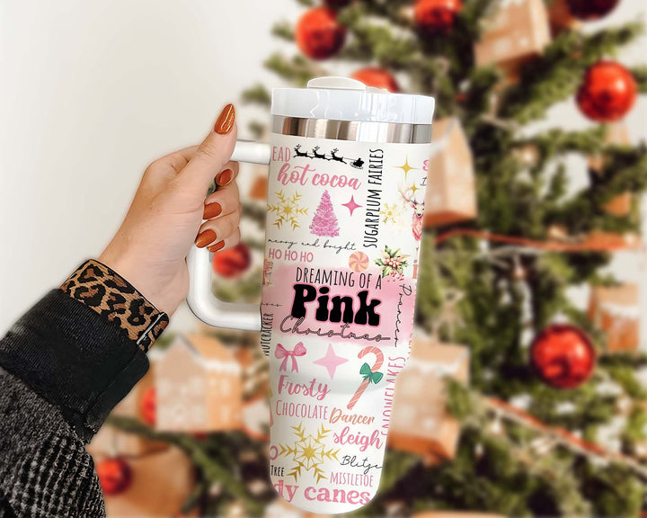 Retro Holiday Pink Christmas Tumble, Retro Santa Christmas Cup, Christmas Family Trip Cup, Stainless Steel Tumbler with Straw