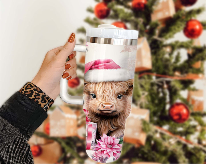 Pink Christmas Highland Cow Tumbler 40oz, Retro Holiday Pink Christmas Tumble, Christmas Family Trip Cup, Stainless Steel Tumbler with Straw