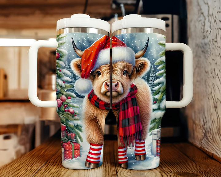 Highland Cow Christmas Tumbler 40oz Skinny Tumbler With Handle, Christmas Tumbler Stainless Steel Tumbler with Straw, Christmas Gift