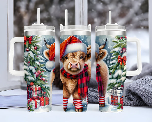 Highland Cow Christmas Tumbler 40oz Skinny Tumbler With Handle, Christmas Tumbler Stainless Steel Tumbler with Straw, Christmas Gift