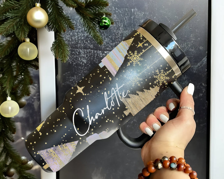 Personalized Christmas Tree Tumbler With Name 40oz Tumbler, Custom Pink Christmas Cup,Glitter Tree Travel Mug, Cute Christmas Gift For Women