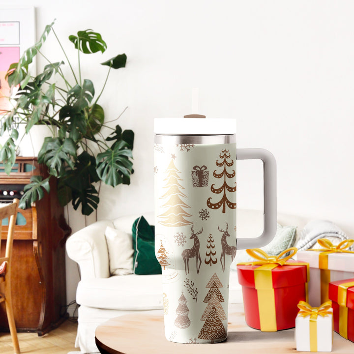 Reindeer and Pine Tree Tumbler 40oz With Handle, Daily 40oz Tumbler, Santa 40oz Stainless Steel Tumbler With Lid and Straw, Holiday Tumbler
