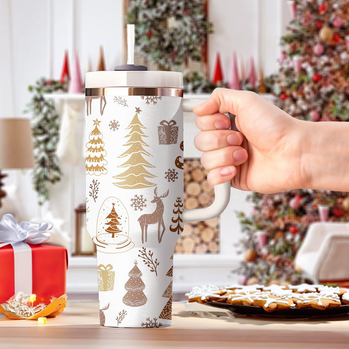 Reindeer and Pine Tree Tumbler 40oz With Handle, Daily 40oz Tumbler, Santa 40oz Stainless Steel Tumbler With Lid and Straw, Holiday Tumbler