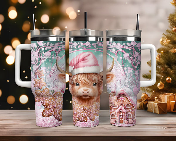 Pink Christmas Highland Cow 40oz Tumbler, Gingerbread Cookies Tumbler, Christmas 40oz Stainless Steel Tumbler, Festive Drinkware.
