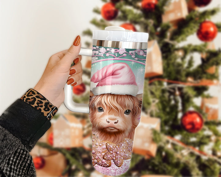 Pink Christmas Highland Cow 40oz Tumbler, Gingerbread Cookies Tumbler, Christmas 40oz Stainless Steel Tumbler, Festive Drinkware.
