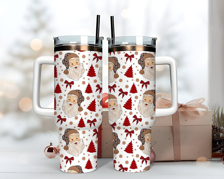 Christmas Leopard Pink Santa Claus 40oz Tumbler, Retro Santa Christmas Tumbler, Christmas Family Tumbler, Stainless Steel Tumbler with Straw