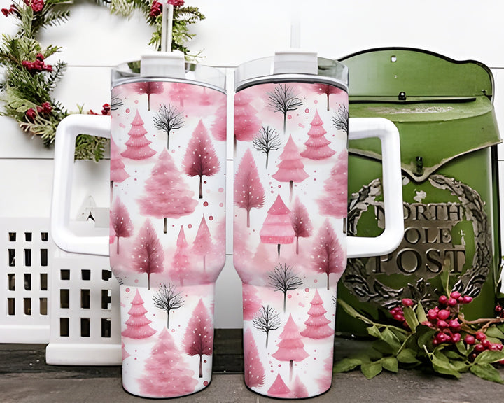 Pink Christmas Tree Tumbler, Pink Christmas Scene in Watercolor 40oz Cup, Pastel Christmas 40oz Stainless Steel Tumbler With Lid and Straw.