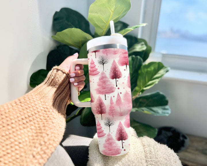 Pink Christmas Tree Tumbler, Pink Christmas Scene in Watercolor 40oz Cup, Pastel Christmas 40oz Stainless Steel Tumbler With Lid and Straw.