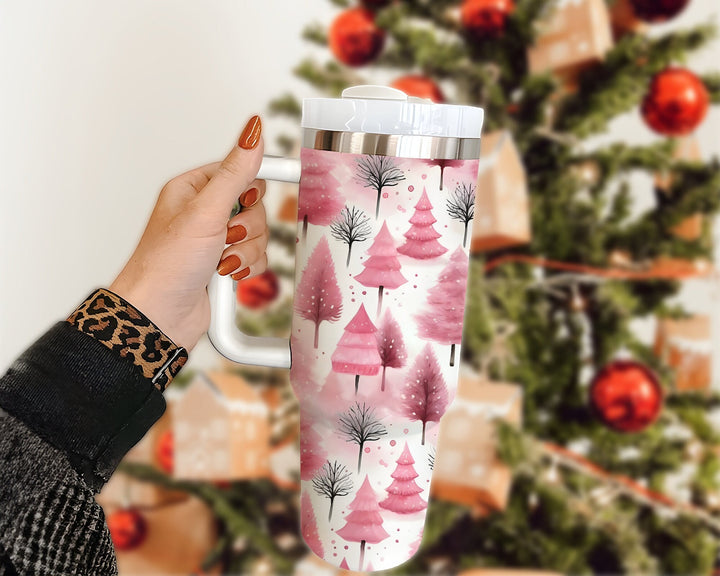 Pink Christmas Tree Tumbler, Pink Christmas Scene in Watercolor 40oz Cup, Pastel Christmas 40oz Stainless Steel Tumbler With Lid and Straw.