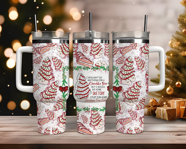 Sketchy Christmas Tree Cakes 40oz Tumbler, Pink Christmas Tree Tumbler, Pastel Christmas 40oz Stainless Steel Tumbler With Lid and Straw.