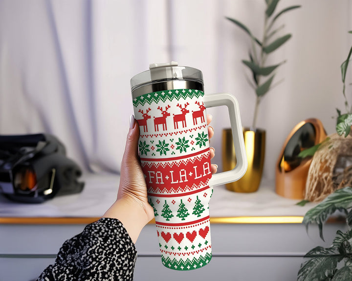 Merry Christmas Tree 40oz Tumbler With Fa La La, Custom Christmas Cup, Holiday Travel Mug Gift For Her, Vintage Christmas Hand Drawn Cup.