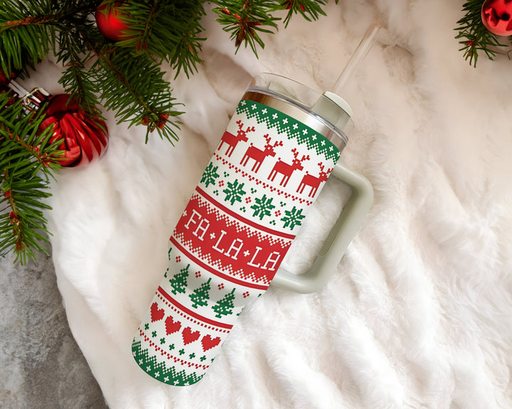 Merry Christmas Tree 40oz Tumbler With Fa La La, Custom Christmas Cup, Holiday Travel Mug Gift For Her, Vintage Christmas Hand Drawn Cup.