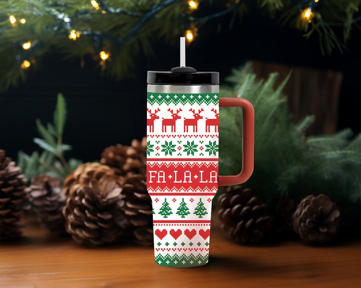 Merry Christmas Tree 40oz Tumbler With Fa La La, Custom Christmas Cup, Holiday Travel Mug Gift For Her, Vintage Christmas Hand Drawn Cup.