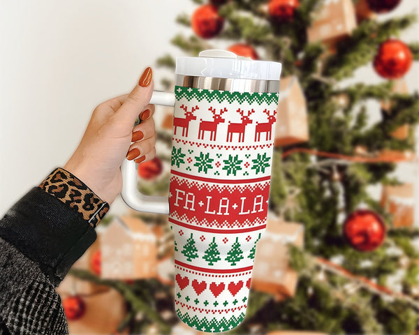 Merry Christmas Tree 40oz Tumbler With Fa La La, Custom Christmas Cup, Holiday Travel Mug Gift For Her, Vintage Christmas Hand Drawn Cup.