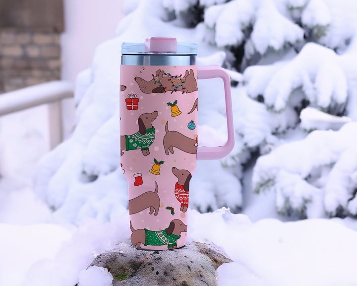 Cute Dachshund Christmas 40oz Tumbler, Dog Christmas Tumbler, Funny Dog Tumbler with Lid and Straw, Christmas Cup Holiday Gifts for Dog Mom