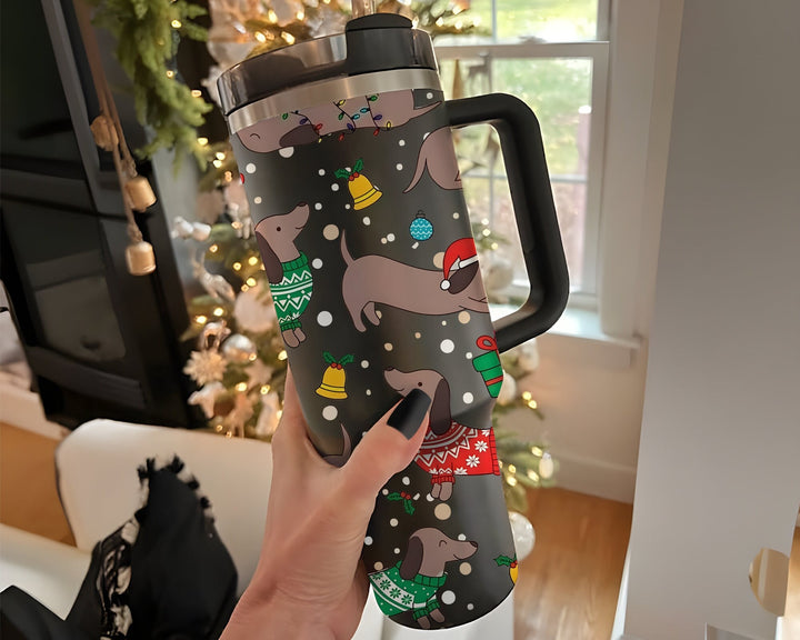 Cute Dachshund Christmas 40oz Tumbler, Dog Christmas Tumbler, Funny Dog Tumbler with Lid and Straw, Christmas Cup Holiday Gifts for Dog Mom