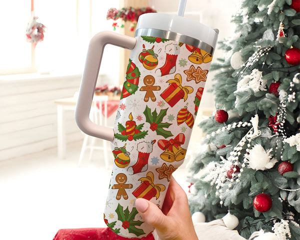 Christmas Tree and Ginger Bread Tumbler, Merry Christmas 40oz Cup, Design Christmas 40oz Stainless Steel Tumbler With Lid and Straw.