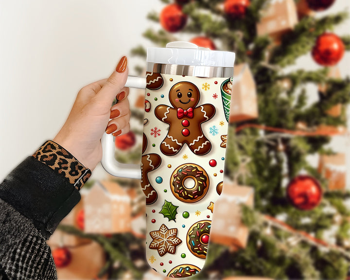 Gingerbread Man and Donuts Tumbler 40oz With Handle, Christmas Cakes Tumbler, Christmas Cookies Stainless Steel Tumbler, Gift for Christmas.