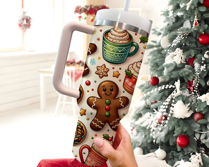 Gingerbread Man and Donuts Tumbler 40oz With Handle, Christmas Cakes Tumbler, Christmas Cookies Stainless Steel Tumbler, Gift for Christmas.