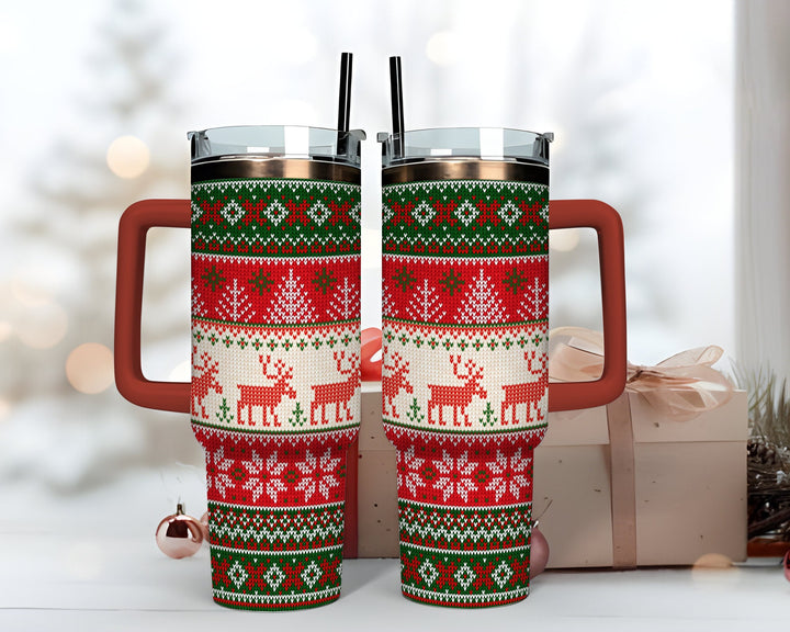 Merry Christmas Tree 40oz Tumbler With Reindeer, Custom Christmas Cup, Holiday Travel Mug Gift For Her, Vintage Christmas Hand Drawn Cup.