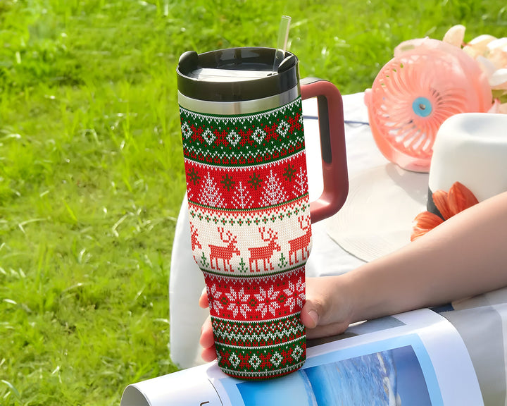 Merry Christmas Tree 40oz Tumbler With Reindeer, Custom Christmas Cup, Holiday Travel Mug Gift For Her, Vintage Christmas Hand Drawn Cup.