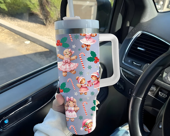 Christmas Cookie Gingerbread Girl Tumbler 40oz With Handle, Pink Cookie Festive Tumbler, Christmas Cookies Stainless Steel Tumbler.