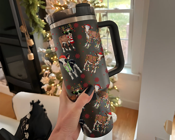 Cow Christmas Light Tumbler 40oz With Handle, Mooey Christmas  Tumbler, Farm Animal Stainless Steel Tumbler, Gift for Farmer Christmas.