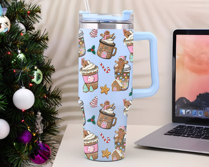 Gingerbread Christmas Coffee Tumbler 40oz With Handle, Christmas Coffee Tumbler, Christmas Cookies Stainless Steel Tumbler,Coffee Lover Gift