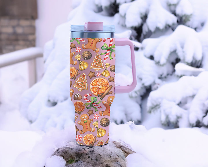 Gingerbread Man and Lemon Tumbler 40oz With Handle, Christmas Cakes Tumbler, Christmas Cookies Stainless Steel Tumbler, Gift for Christmas.