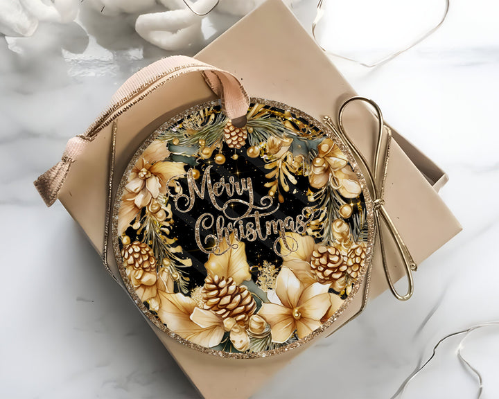 Christmas Wreath Printable Sublimation, Golden Wreath, Pinecones, Poinsettias, Holly, Gold, Black, Glitter Acrylic Ornament, Santa Xmas Gift