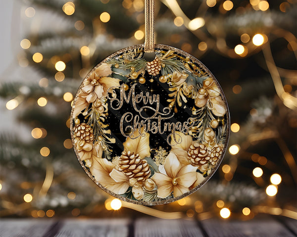 Christmas Wreath Printable Sublimation, Golden Wreath, Pinecones, Poinsettias, Holly, Gold, Black, Glitter Acrylic Ornament, Santa Xmas Gift