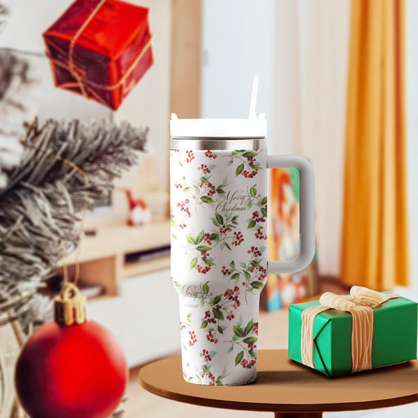 Vintage Flower Merry Christmas 40oz Cup, Christmas 40oz Tumbler, Santa 40oz Stainless Steel Tumbler With Lid and Straw, Christmas Tumbler