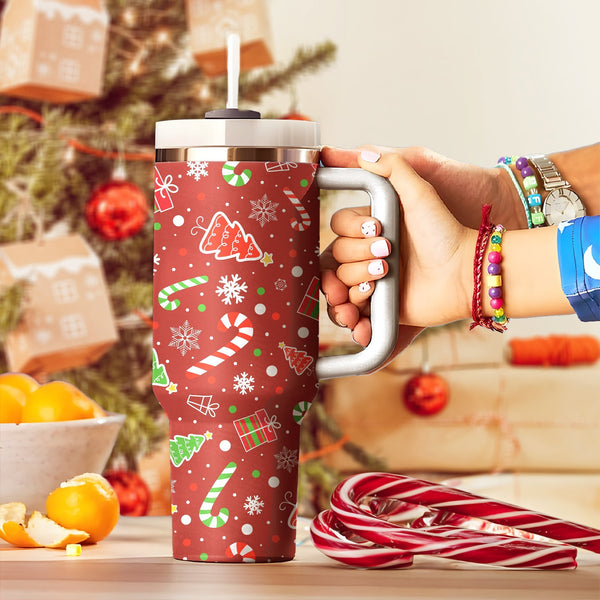 Pine Candy and Trees Tumbler 40oz With Handle, Christmas 40oz Tumbler, 40oz Stainless Steel Tumbler With Lid and Straw, Christmas Tumbler