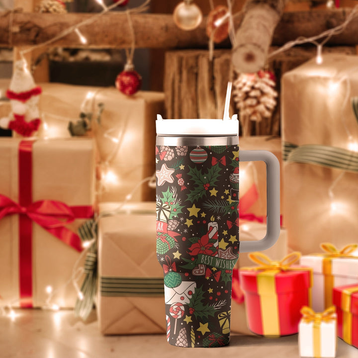 Best Wishes 40oz Cup With Handle, Christmas 40oz Tumbler, Flower 40oz Stainless Steel Tumbler With Lid and Straw, Holiday Tumbler