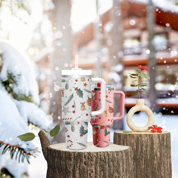 Vintage Flowers Tumbler 40oz With Handle, Christmas 40oz Tumbler, Santa 40oz Stainless Steel Tumbler With Lid and Straw, Holiday Tumbler