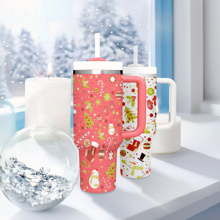 Pine Candy and Trees Tumbler 40oz With Handle, Christmas 40oz Tumbler, 40oz Stainless Steel Tumbler With Lid and Straw, Holiday Tumbler