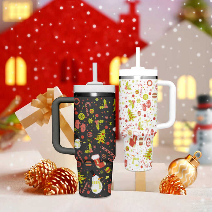Pine Candy and Trees Tumbler 40oz With Handle, Christmas 40oz Tumbler, 40oz Stainless Steel Tumbler With Lid and Straw, Holiday Tumbler