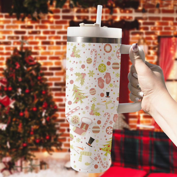 Pine Candy and Trees Tumbler 40oz With Handle, Christmas 40oz Tumbler, 40oz Stainless Steel Tumbler With Lid and Straw, Holiday Tumbler