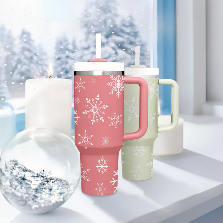 Winter Snow 40oz Cup With Handle, Christmas 40oz Tumbler, Christmas 40oz Stainless Steel Tumbler With Lid and Straw, Holiday Tumbler