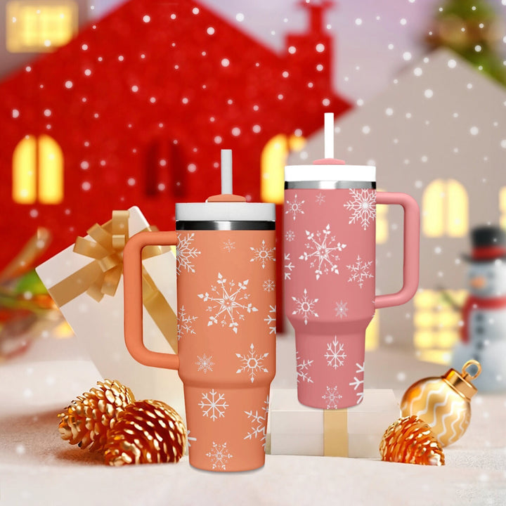 Winter Snow 40oz Cup With Handle, Christmas 40oz Tumbler, Christmas 40oz Stainless Steel Tumbler With Lid and Straw, Holiday Tumbler