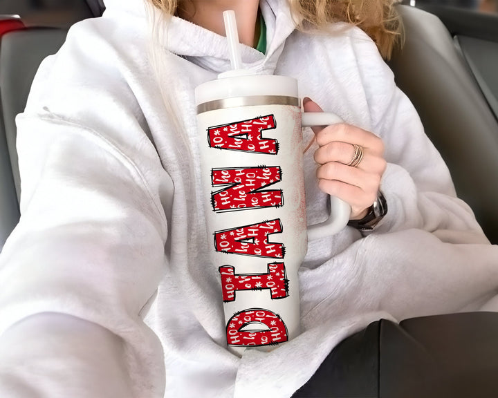 Personalized Merry Christmas 40oz Tumbler With Name, Custom Christmas Cup, Holiday Travel Mug Gift For Her, Vintage Christmas Hand Drawn Cup