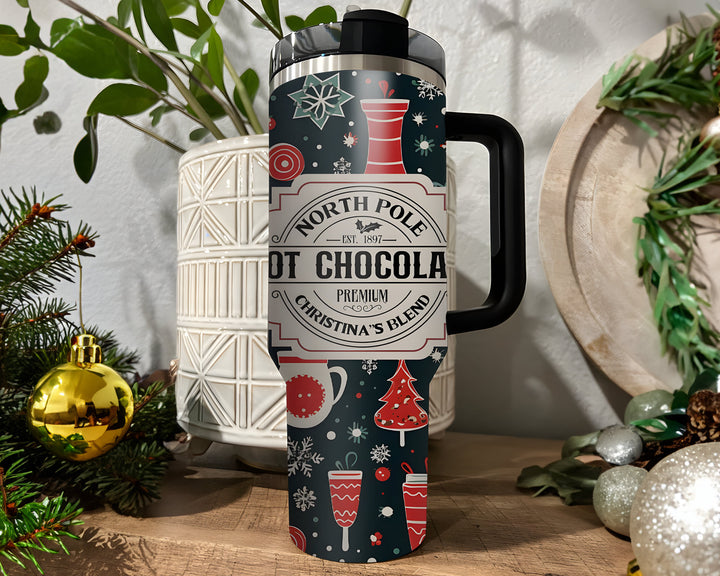 Personalized Christmas 40oz Tumbler, Hot Chocolate Christmas Travel Mug For Christmas Gift, Holiday Tumbler With Name, Festive Tumbler