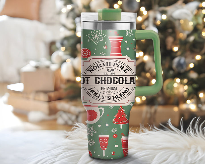 Personalized Christmas 40oz Tumbler, Hot Chocolate Christmas Travel Mug For Christmas Gift, Holiday Tumbler With Name, Festive Tumbler