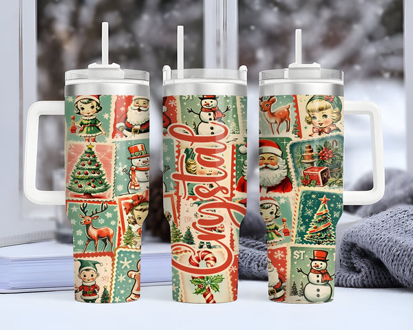 Personalized Christmas 40oz Tumbler Cup, Retro Christmas Tumbler, Cute Christmas Travel Coffee Mug, Vintage Stamp Christmas Travel Cup